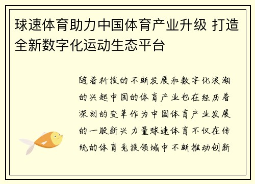 球速体育助力中国体育产业升级 打造全新数字化运动生态平台 球速体育助力中国体育产业升级 打造全新数字化运动生态平台