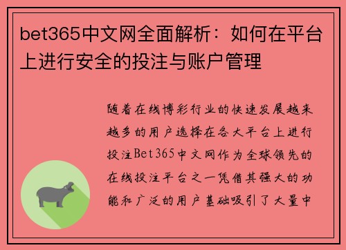 bet365中文网全面解析：如何在平台上进行安全的投注与账户管理